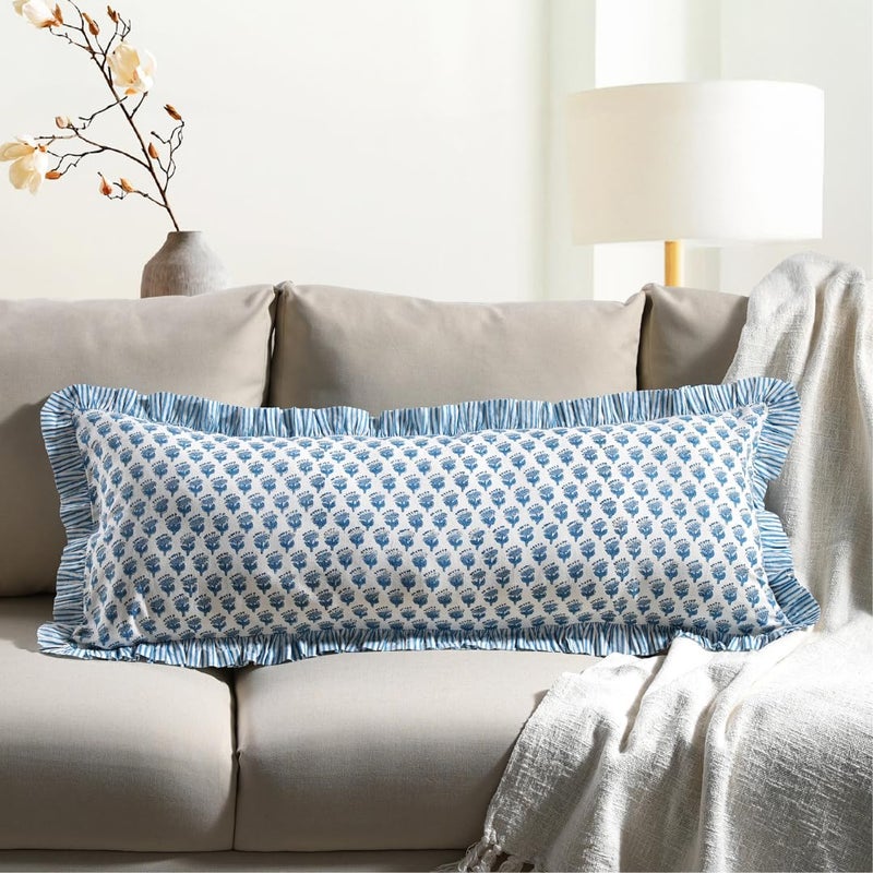 CPC COTTON PRINT CLU CPC Apatite Blue 100% Cotton Block Print Ruffle Sham Cover 14x36 inch  Handmade Boho Floral Pillowcase  Farmhouse Cottagecore Bedding  Soft Decorative Cushion Cover for Bedroom D?cor - Image 1